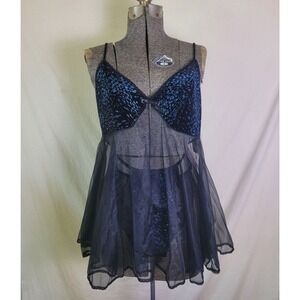 Vintage 90s Y2K Babydoll‎ Lingerie Set Volup 1X XL Black Blue Glitter Mesh Sheer